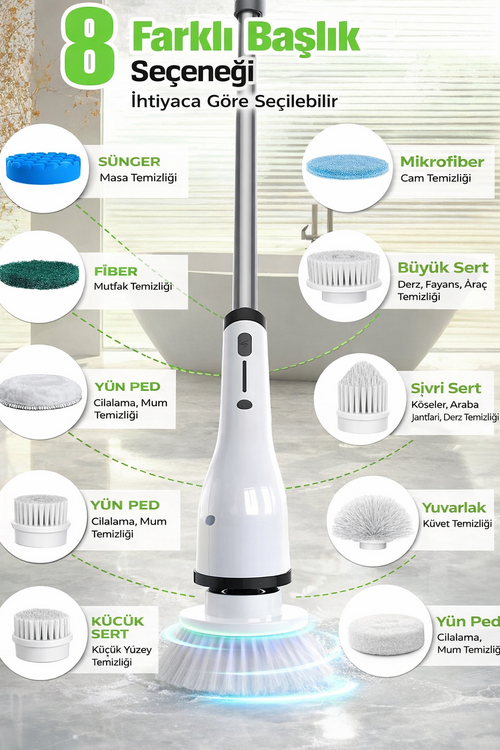 Şarjlı Döner Temizlik Fırçası – Güçlü Motor, Uzun Pil Ömrü (1800 mAh)
