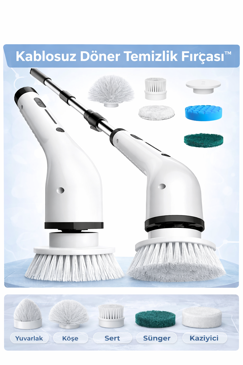 Şarjlı Döner Temizlik Fırçası – Güçlü Motor, Uzun Pil Ömrü (1800 mAh)